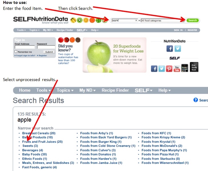 1 SelfNutritionData enter food item select results